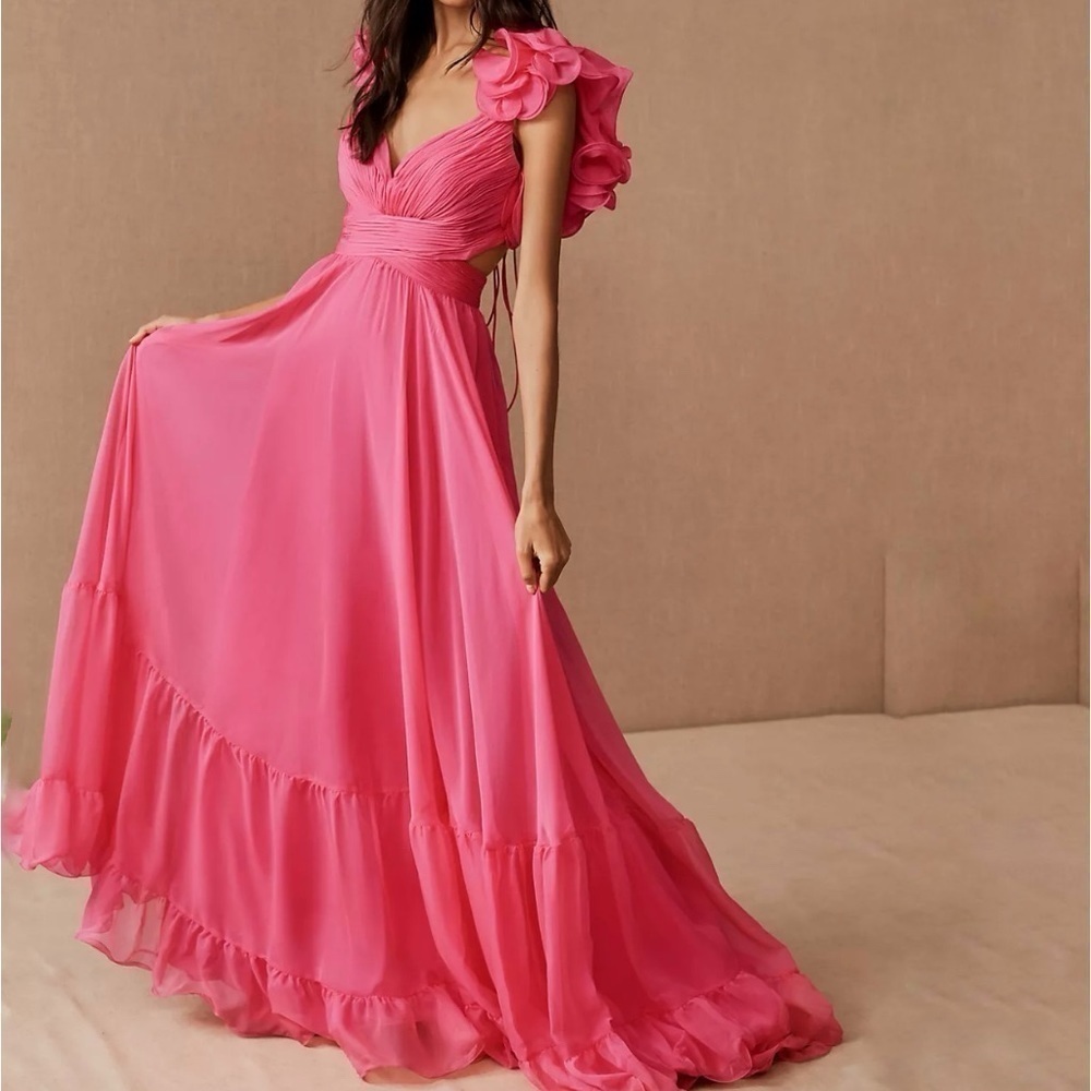 Mac Duggal Indy Chiffon Gown Maxi Backless Ruffles Pink Size 0 . X Small New - Picture 4 of 13